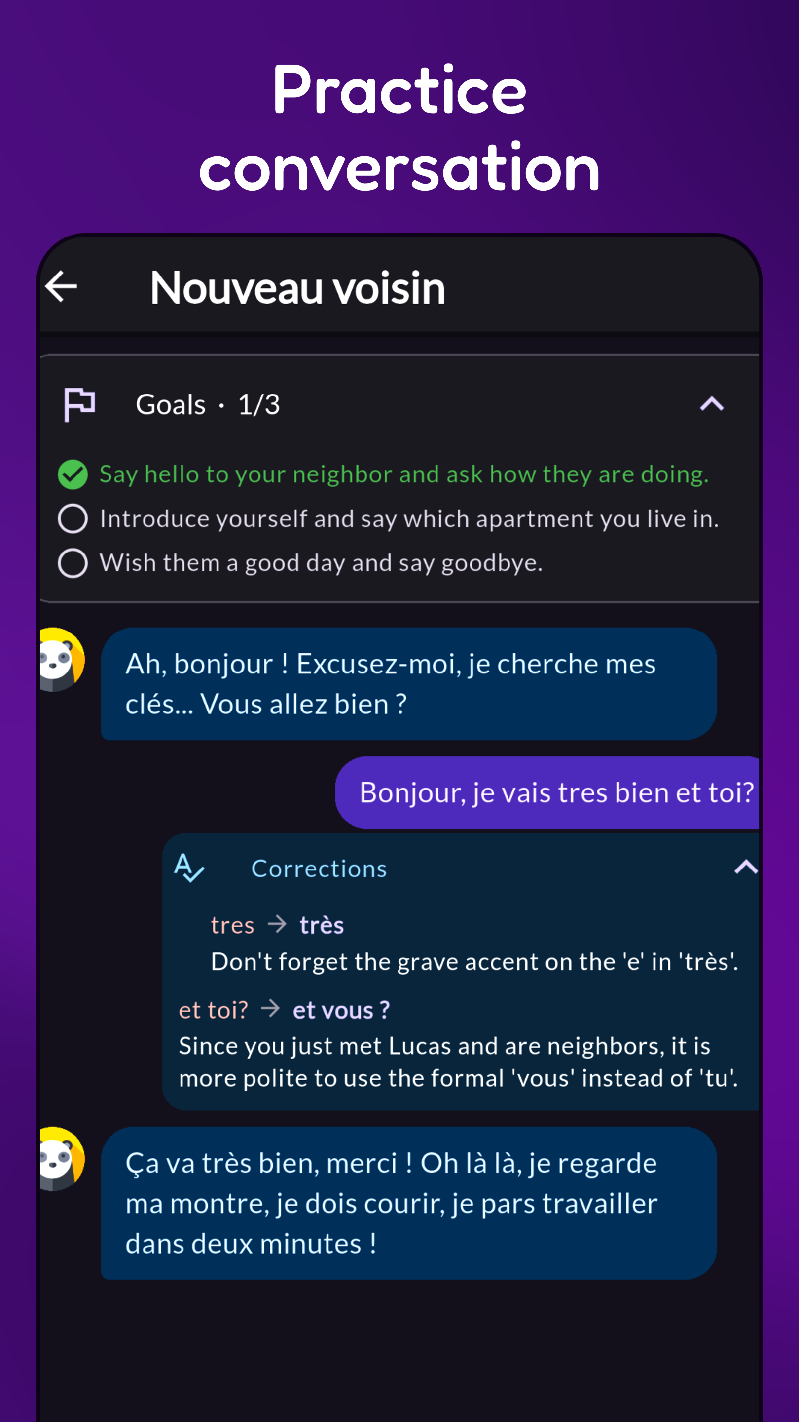 AI conversation practice view